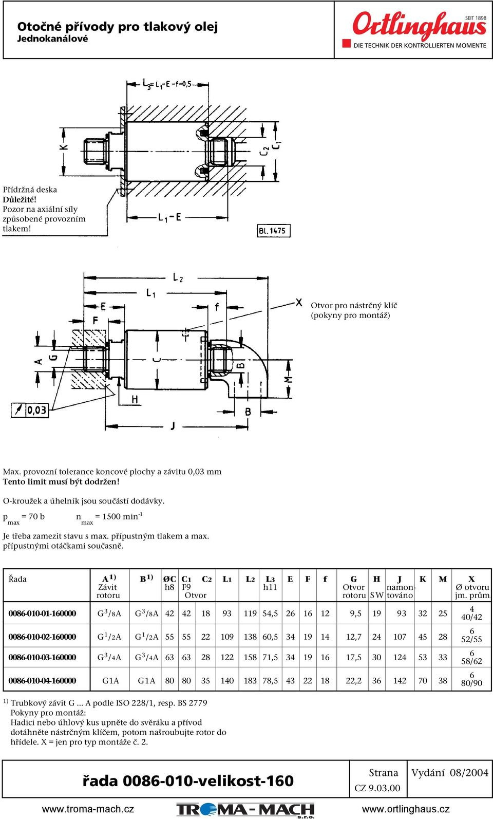 přípustným tlakem a max. přípustnými otáčkami současně. A 1) B 1) ØC C1 C2 L1 L2 L3 E F f G H J K M X Závit h8 F9 h11 Otvor namon- Ø otvoru rotoru Otvor rotoru SW továno jm. prům.