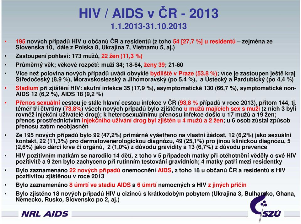 ještě kraj Středočeský (8,9 %), Moravskoslezský a Jihomoravský (po 5,4 %), a Ústecký a Pardubický (po 4,4 %) Stadium při zjištění HIV: akutní infekce 35 (17,9 %), asymptomatické 13 (66,7 %),