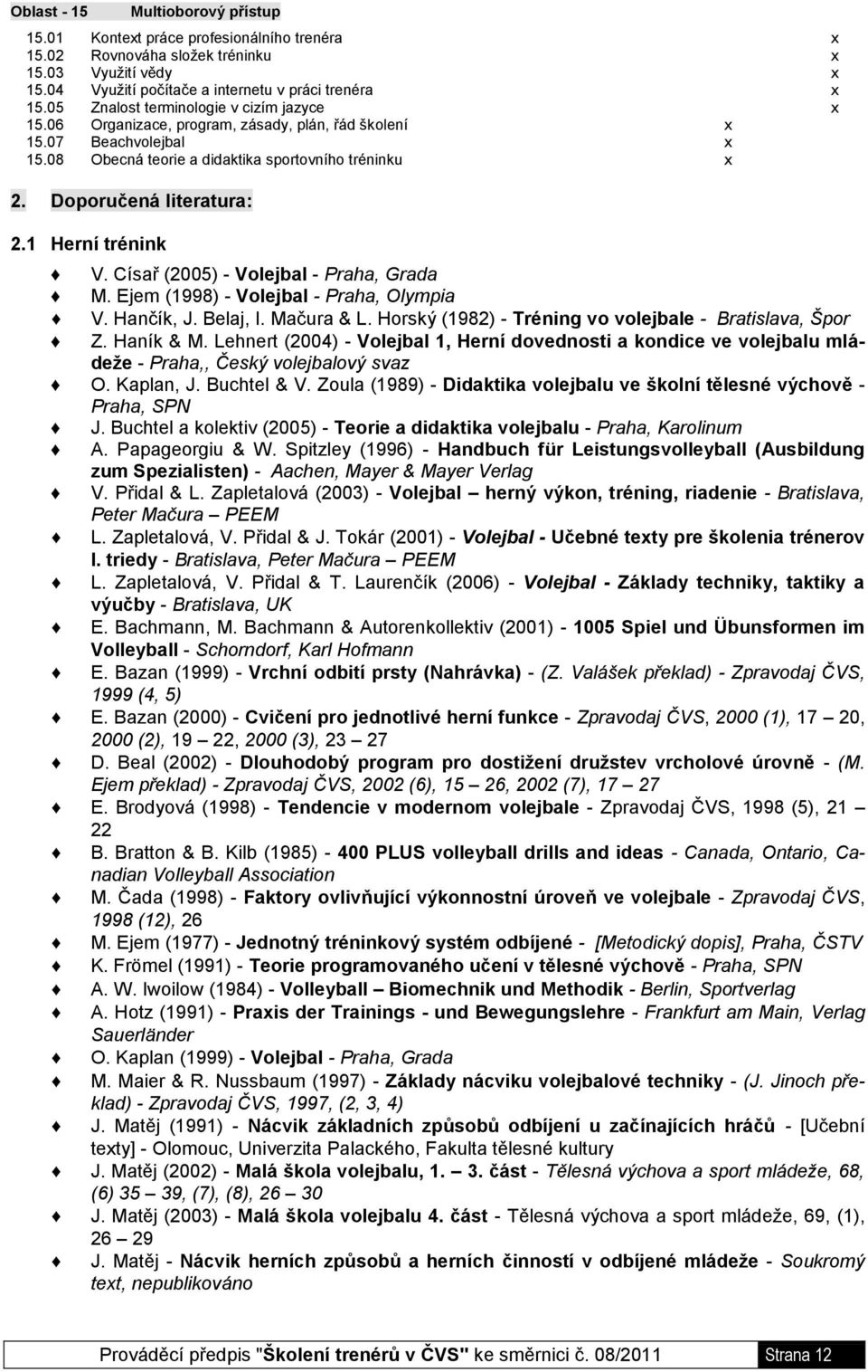 Doporučená literatura: 2.1 Herní trénink V. Císař (2005) - Volejbal - Praha, Grada M. Ejem (1998) - Volejbal - Praha, Olympia V. Hančík, J. Belaj, I. Mačura & L.