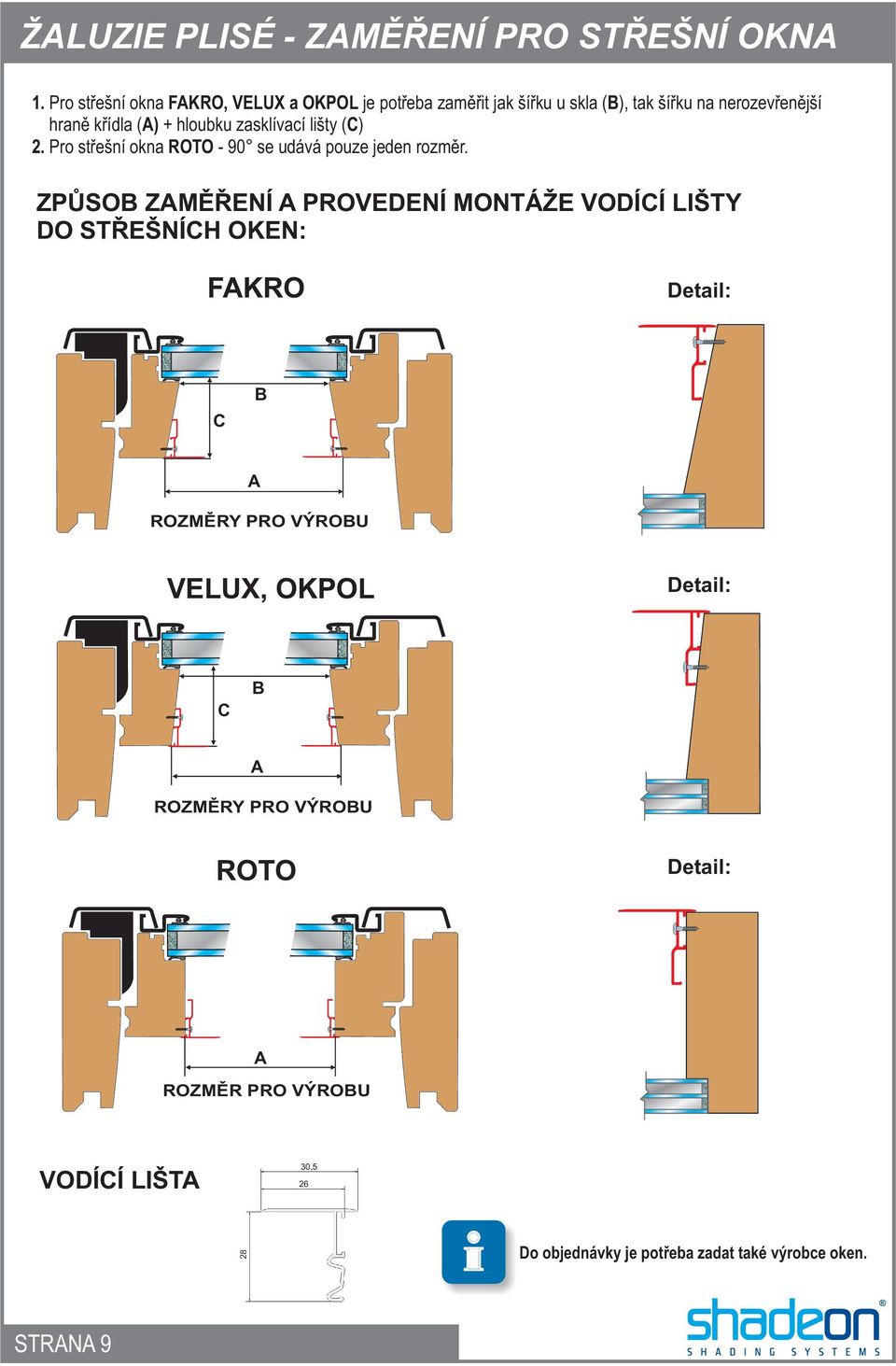 hloubku zasklívací lišty (C) 2. Pro støešní okna ROTO - 90 se udává pouze jeden rozmìr.