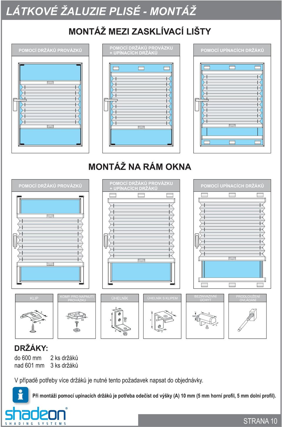 PRO NPNUTÍ PROVÁZKU ÚHELNÍK ÚHELNÍK S KLIPEM EZINVZIVNÍ ÚCHYT PRODLOUŽENÍ OVLÁDÁNÍ DRŽÁKY: do 0 mm 2 ks držákù nad 1 mm 3 ks držákù V pøípadì