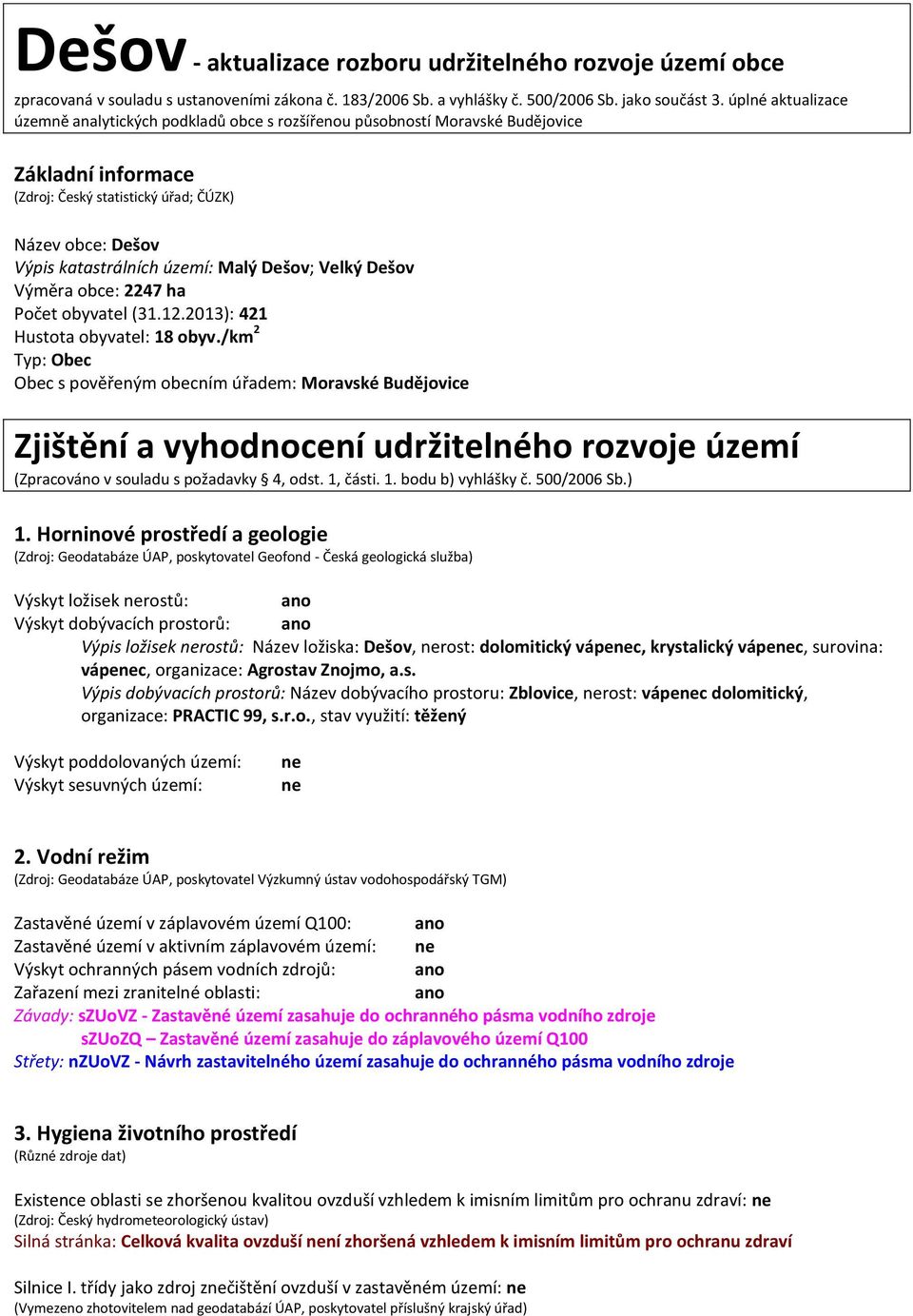 Malý Dešov; Velký Dešov Výměra obce: 2247 ha Počet obyvatel (31.12.2013): 421 Hustota obyvatel: 18 obyv.