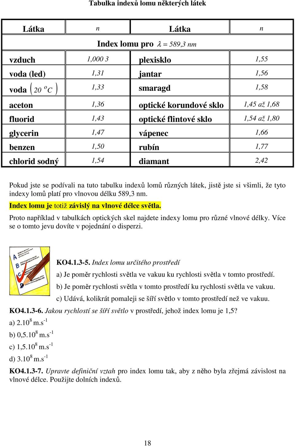 různých látek, jistě jste si všimli, že tyto indexy lomů platí pro vlnovou délku 589,3 nm. Index lomu je totiž závislý na vlnové délce světla.