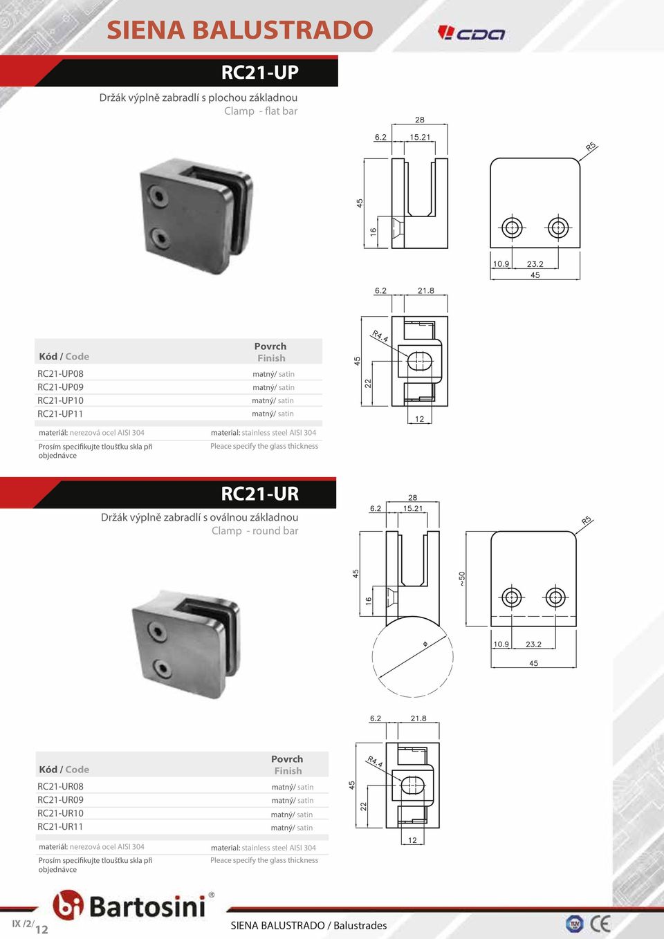 RC21-UR Držák výplně zabradlí s oválnou základnou Clamp - round bar RC21-UR08 RC21-UR09 RC21-UR10 RC21-UR11 materiál: nerezová ocel