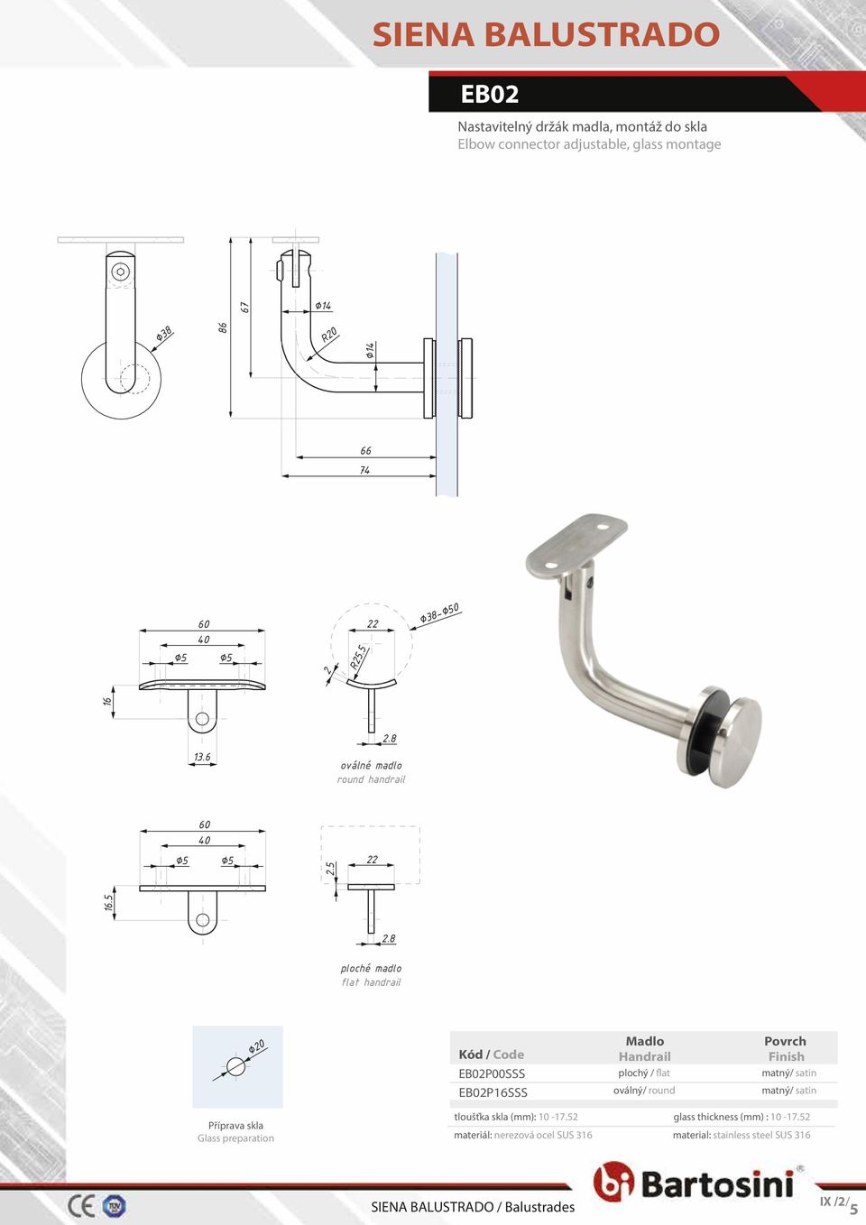 8 ploché madlo flat handrail 20 EB02P00SSS EB02P16SSS Madlo Handrail plochý / flat oválný/ round