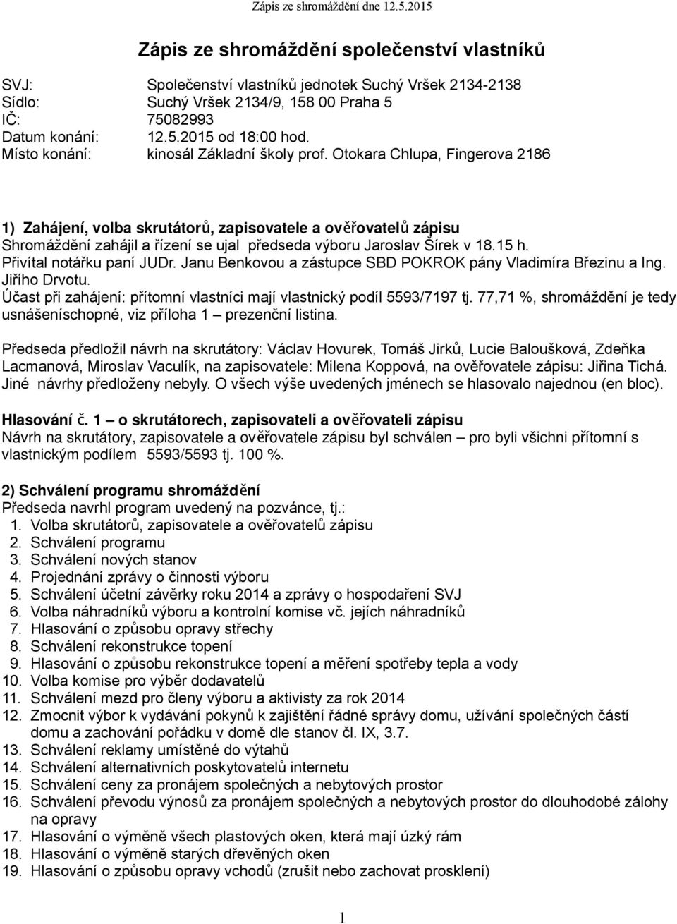 Otokara Chlupa, Fingerova 2186 1) Zahájení, volba skrutátor ů, zapisovatele a ověřovatel ů zápisu Shromáždění zahájil a řízení se ujal předseda výboru Jaroslav Šírek v 18.15 h.