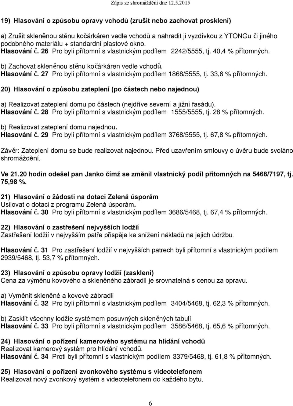 33,6 % přítomných. 20) Hlasování o způsobu zateplení (po částech nebo najednou) a) Realizovat zateplení domu po částech (nejdříve severní a jižní fasádu). Hlasování č.