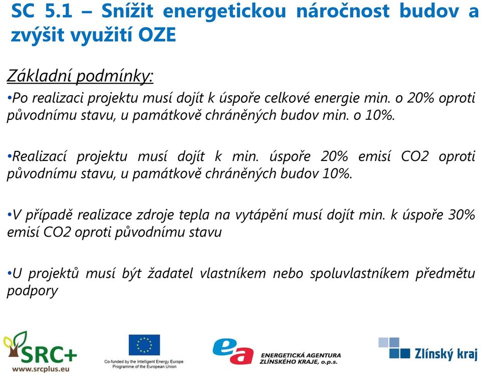 úspoře 20% emisí CO2 oproti původnímu stavu, u památkově chráněných budov 10%.