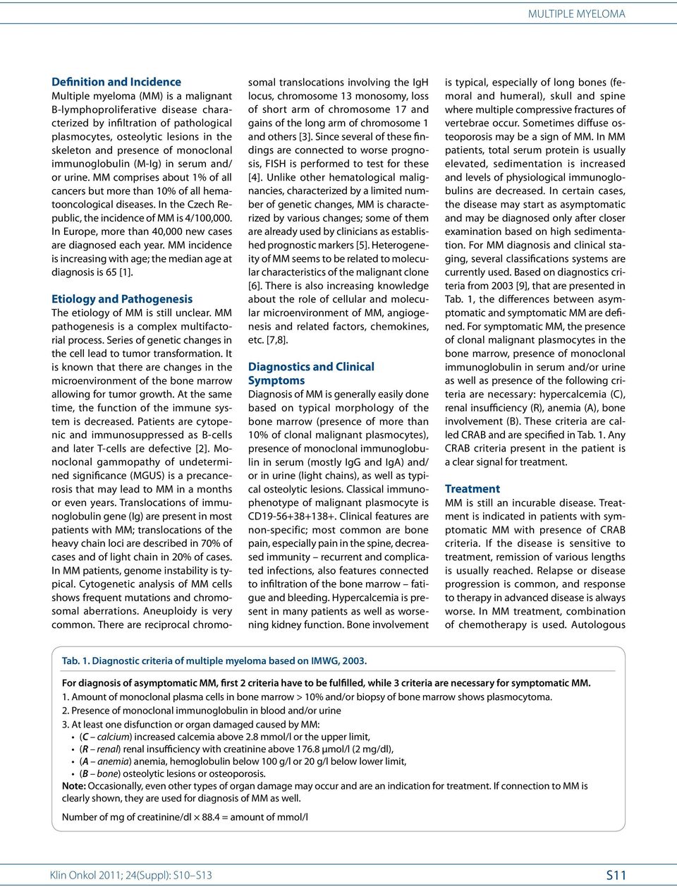In the Czech Republic, the incidence of MM is 4/100,000. In Europe, more than 40,000 new cases are diagnosed each year. MM incidence is increasing with age; the median age at diagnosis is 65 [1].
