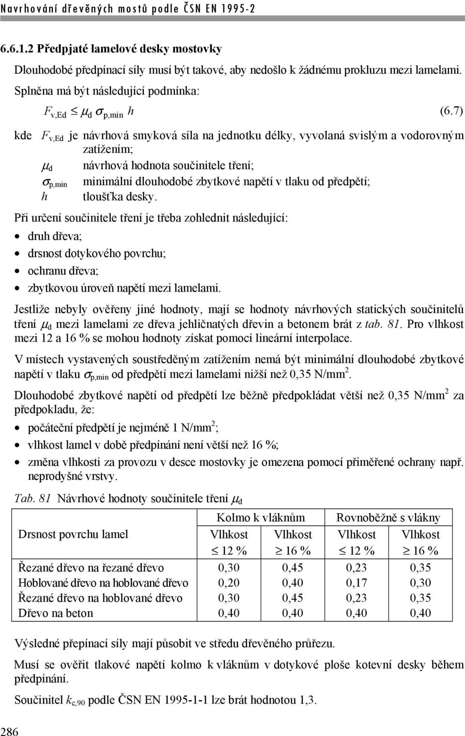 tlaku od předpětí; h tloušťka desky. Při určení součinitele tření je třeba zohlednit následující: druh dřeva; drsnost dotykového povrchu; ochranu dřeva; zbytkovou úroveň napětí mezi lamelami.