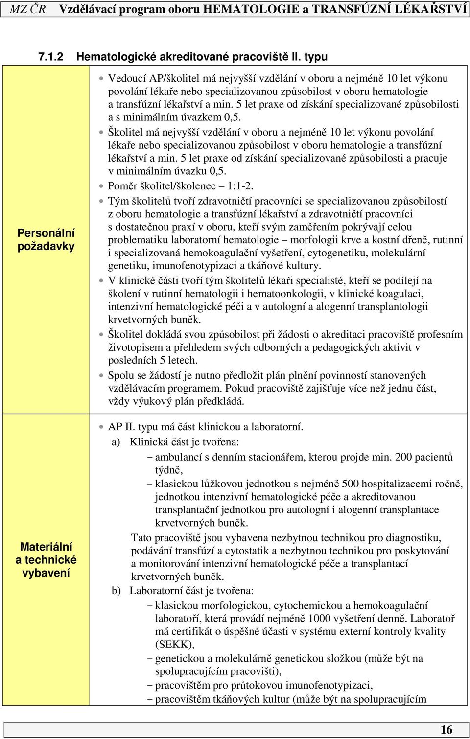 transfúzní lékařství a min. 5 let praxe od získání specializované způsobilosti a s minimálním úvazkem 0,5.