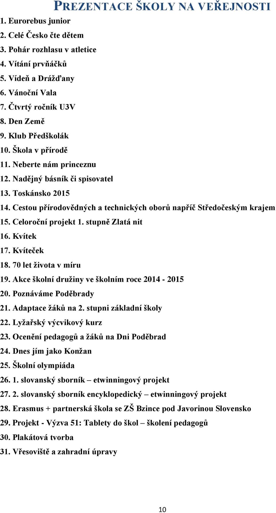 Celoroční projekt 1. stupně Zlatá nit 16. Kvítek 17. Kvíteček 18. 70 let života v míru 19. Akce školní družiny ve školním roce 2014-2015 20. Poznáváme Poděbrady 21. Adaptace žáků na 2.