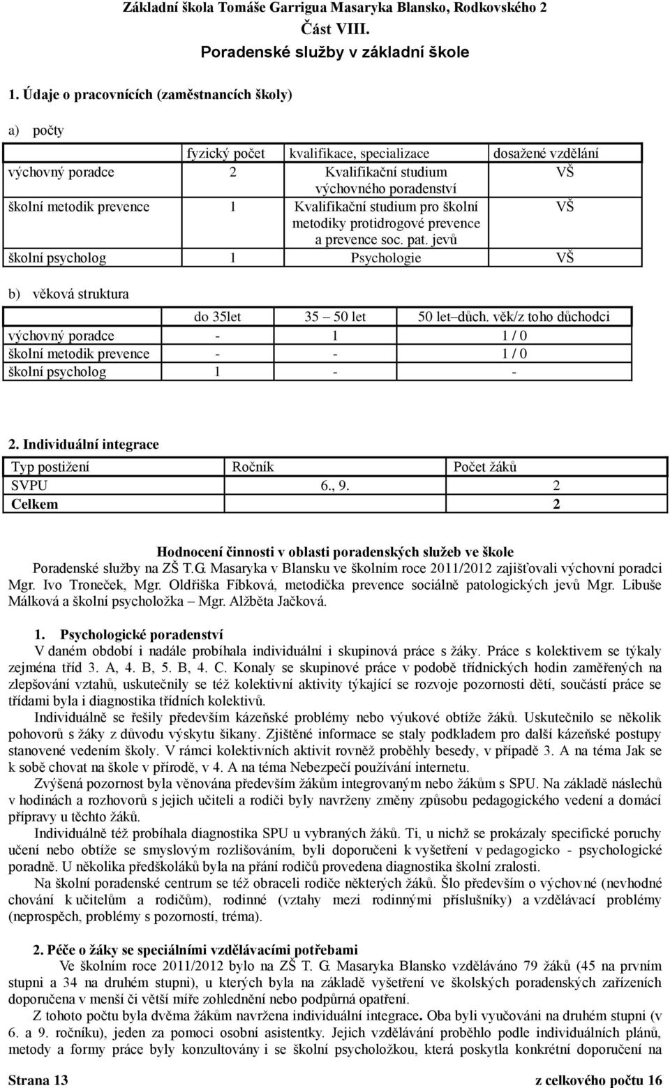 1 Kvalifikační studium pro školní VŠ metodiky protidrogové prevence a prevence soc. pat. jevů školní psycholog 1 Psychologie VŠ b) věková struktura do 35let 35 50 let 50 let důch.