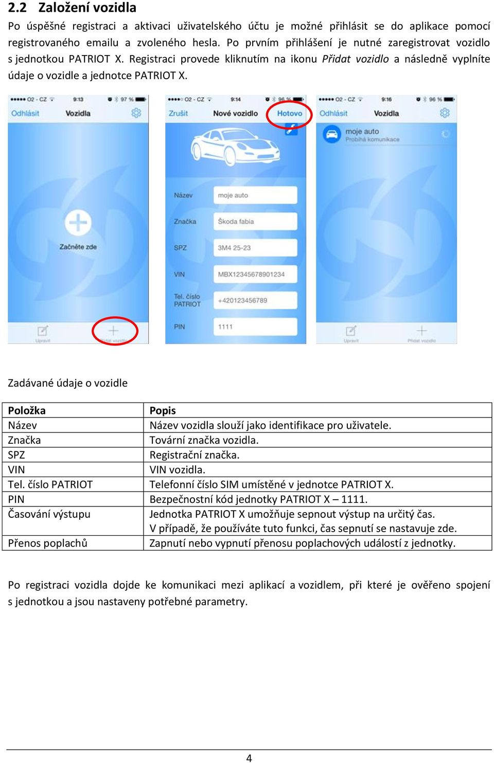 Zadávané údaje o vozidle Položka Popis Název Název vozidla slouží jako identifikace pro uživatele. Značka Tovární značka vozidla. SPZ Registrační značka. VIN VIN vozidla. Tel.