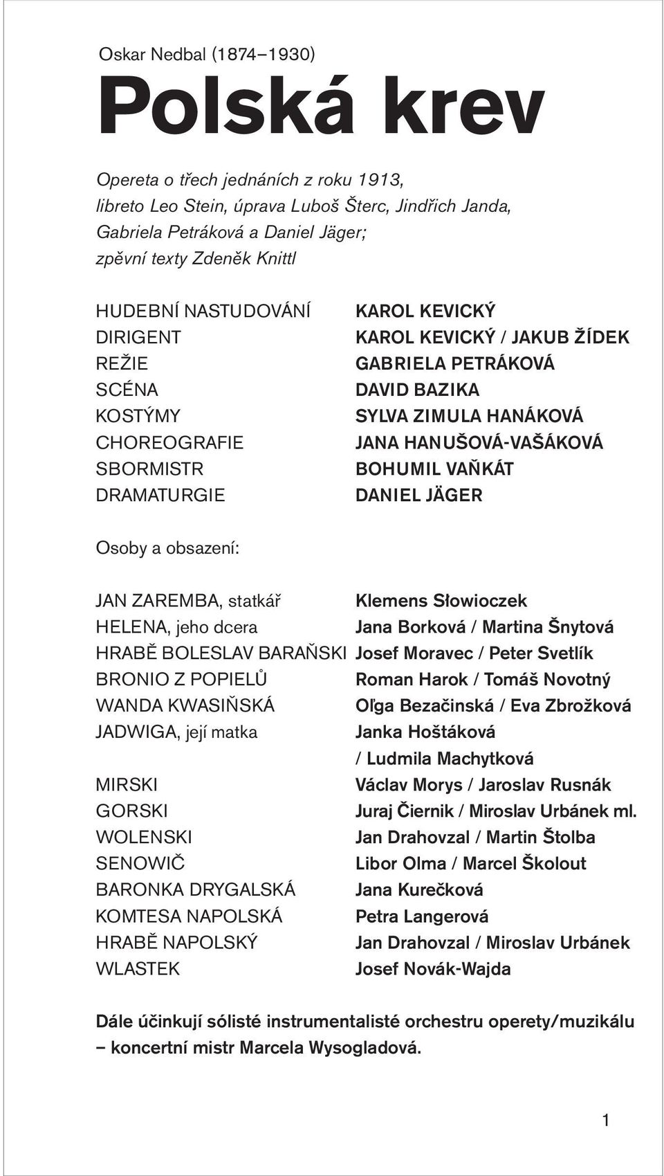 HANUŠOVÁ-VAŠÁKOVÁ BOHUMIL VAŇKÁT DANIEL JÄGER Osoby a obsazení: JAN, statkář Klemens Słowioczek, jeho dcera Jana Borková / Martina Šnytová HRABĚ BOLESLAV BARAŇSKI Josef Moravec / Peter Svetlík BRONIO