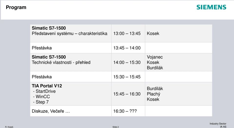 Vojanec Kosek Burdilák Přestávka 15:30 15:45 TIA Portal V12 - StartDrive - WinCC