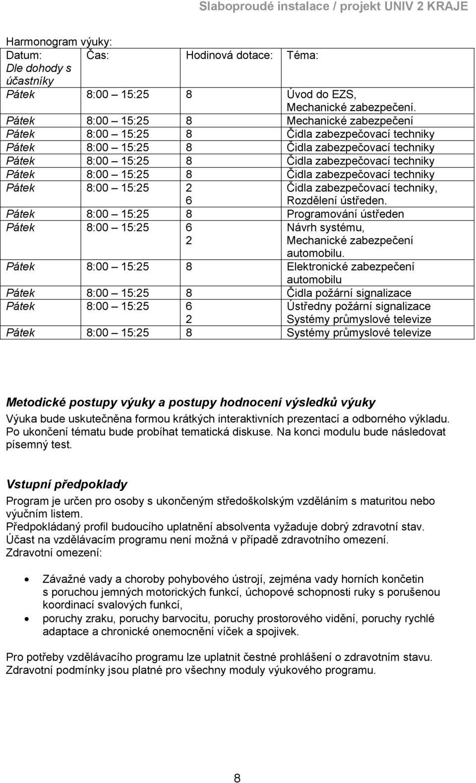 15:25 8 Čidla zabezpečovací techniky Pátek 8:00 15:25 2 6 Čidla zabezpečovací techniky, Rozdělení ústředen.