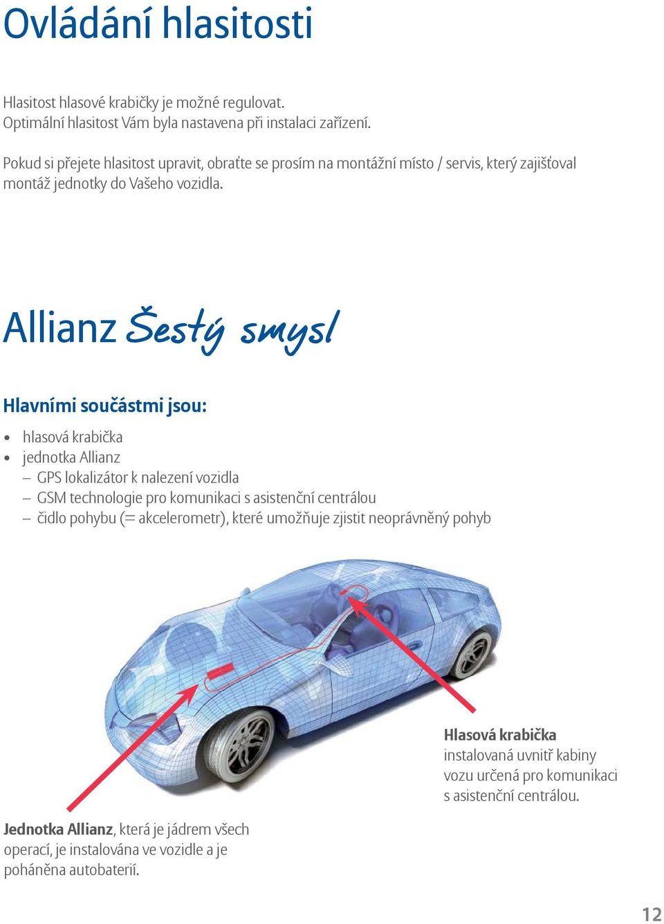 Allianz Šestý smysl Hlavními součástmi jsou: hlasová krabička jednotka Allianz GPS lokalizátor k nalezení vozidla GSM technologie pro komunikaci s asistenční centrálou čidlo