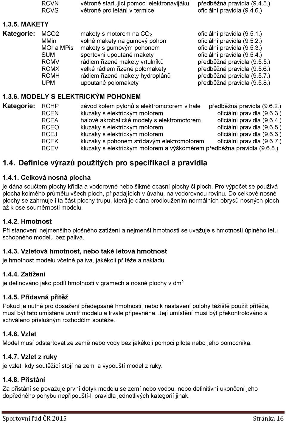 ) RCMV rádiem řízené makety vrtulníků předběžná pravidla (9.5.5.) RCMX velké rádiem řízené polomakety předběžná pravidla (9.5.6.) RCMH rádiem řízené makety hydroplánů předběžná pravidla (9.5.7.