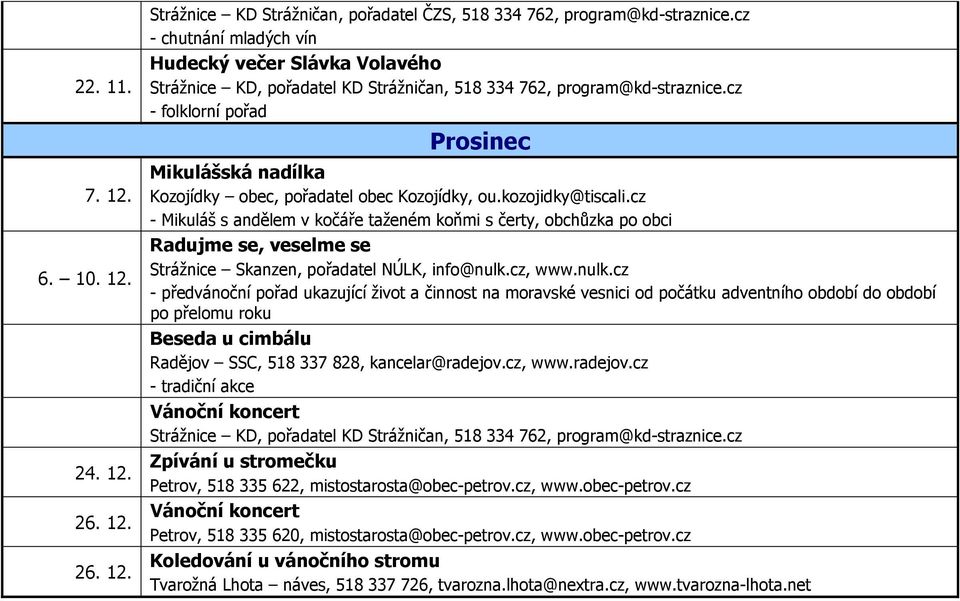 cz - folklorní pořad Prosinec Mikulášská nadílka Kozojídky obec, pořadatel obec Kozojídky, ou.kozojidky@tiscali.