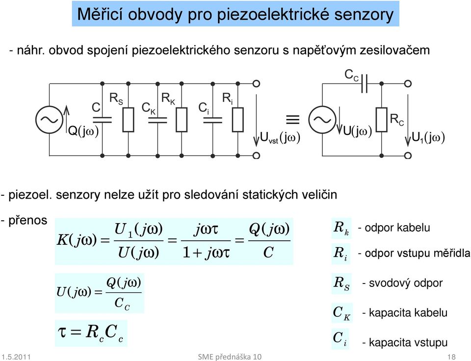 senzory nelze užít pro sledování statických veličin - přenos K( jw) = U 1( jw) jwt Q( jw) = =