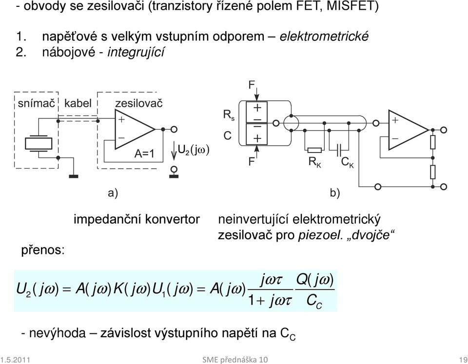 nábojové - integrující přenos: impedanční konvertor neinvertující elektrometrický