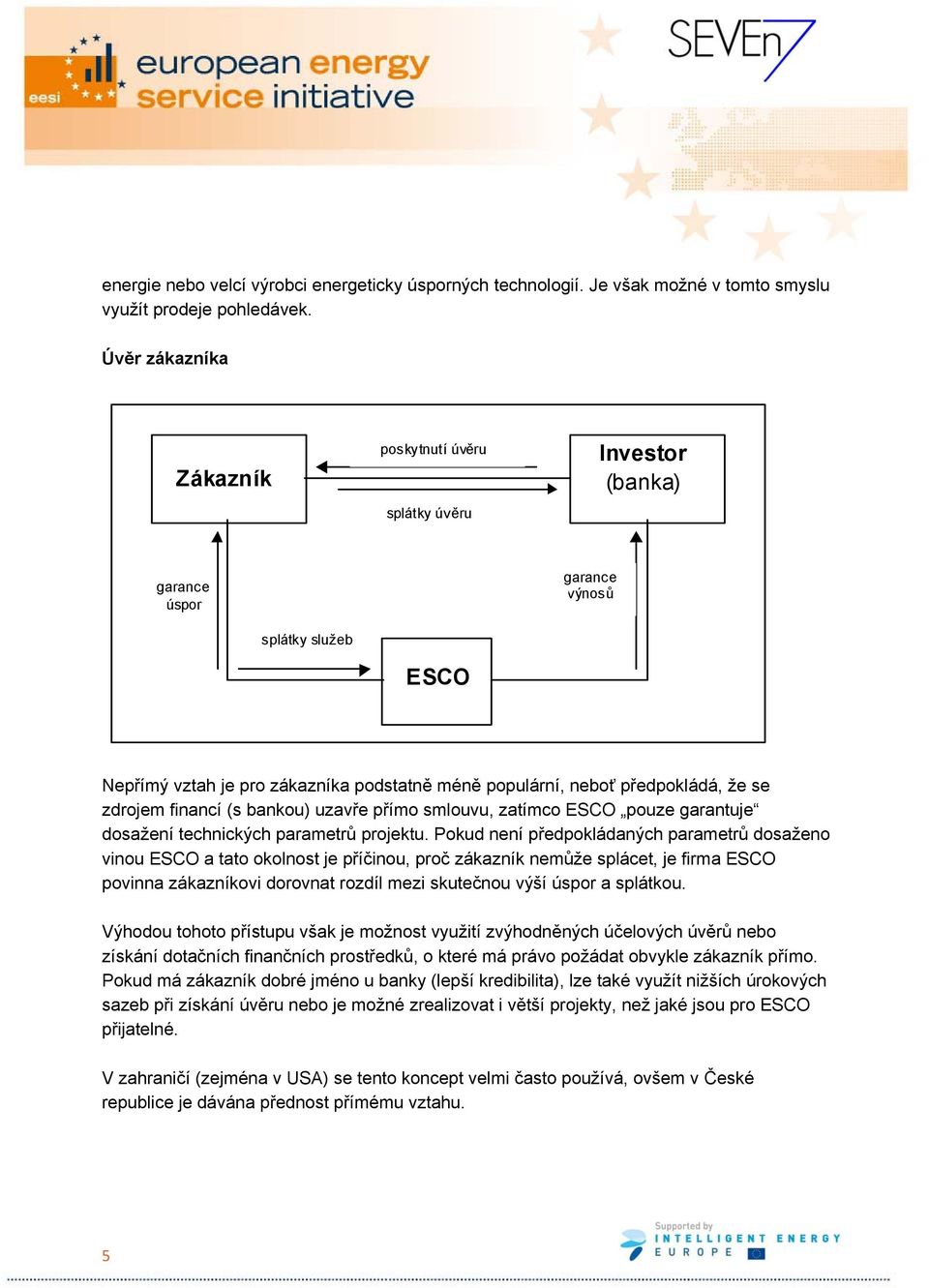 se zdrojem financí (s bankou) uzavře přímo smlouvu, zatímco ESCO pouze garantuje dosažení technických parametrů projektu.