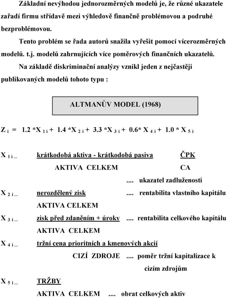 Na základě diskriminační analýzy vznikl jeden z nejčastěji publikovaných modelů tohoto typu : ALTMANŮV MODEL (1968) Z i = 1.2 *X 1 i + 1.4 *X 2 i + 3.3 *X 3 i + 0.6* X 4 i + 1.0 * X 5 i X 1 i.