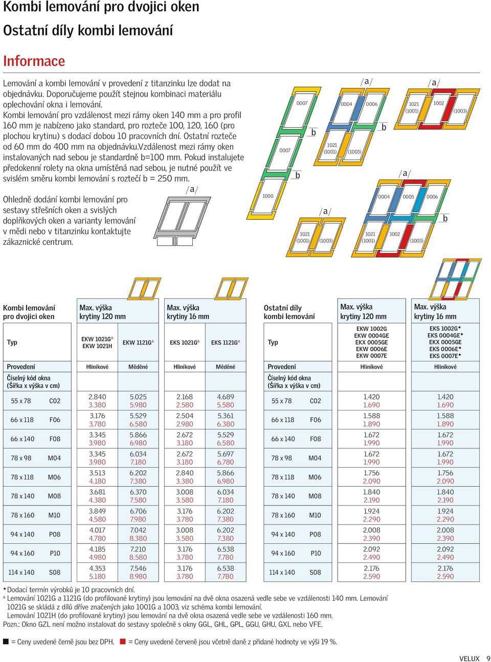 Kombi lemování pro vzdálenost mezi rámy oken 140 mm a pro profil 160 mm je nabízeno jako standard, pro rozteče 100, 120, 160 (pro plochou krytinu) s dodací dobou 10 pracovních dní.