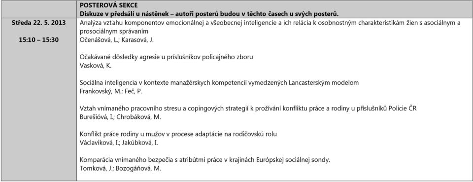 Očakávané dôsledky agresie u príslušníkov policajného zboru Vasková, K. Sociálna inteligencia v kontexte manažérskych kompetencií vymedzených Lancasterským modelom Frankovský, M.; Feč, P.