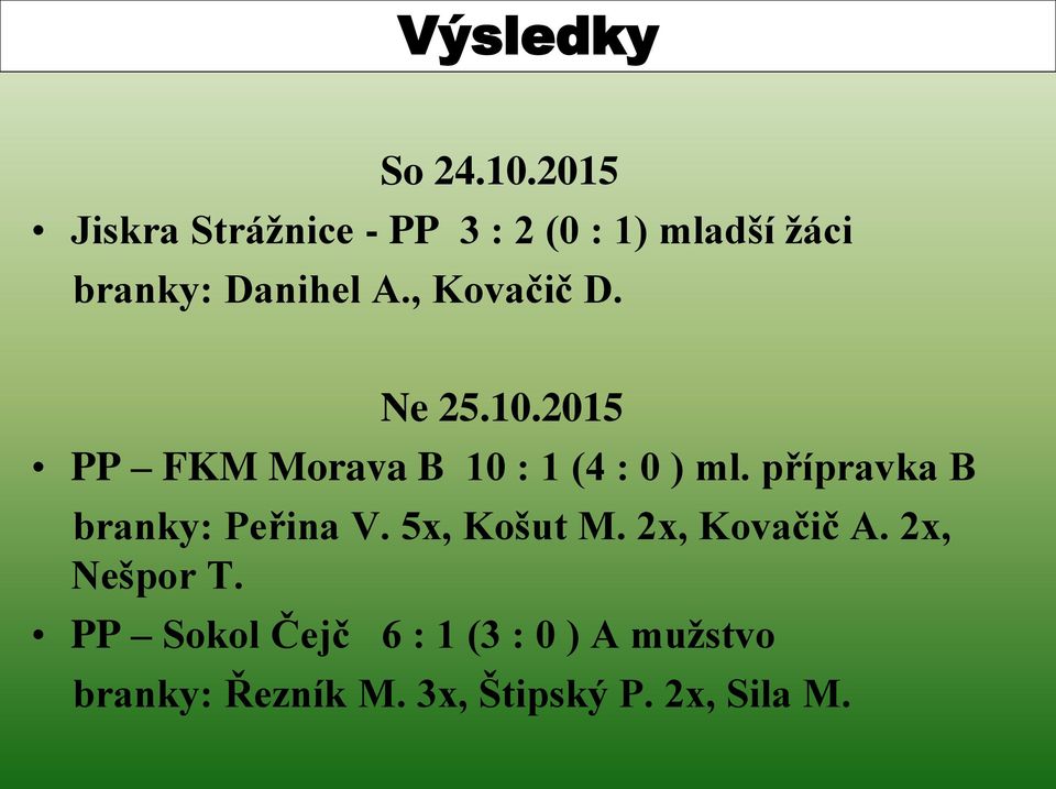 , Kovačič D. Ne 25.10.2015 PP FKM Morava B 10 : 1 (4 : 0 ) ml.