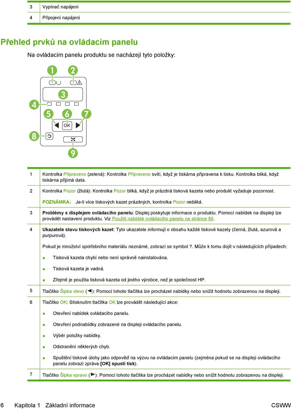 POZNÁMKA: Je-li více tiskových kazet prázdných, kontrolka Pozor nebliká. 3 Problémy s displejem ovládacího panelu: Displej poskytuje informace o produktu.