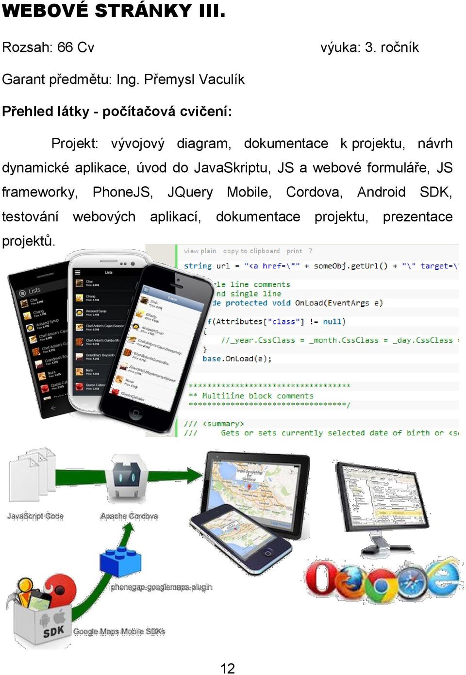 projektu, návrh dynamické aplikace, úvod do JavaSkriptu, JS a webové formuláře, JS frameworky,