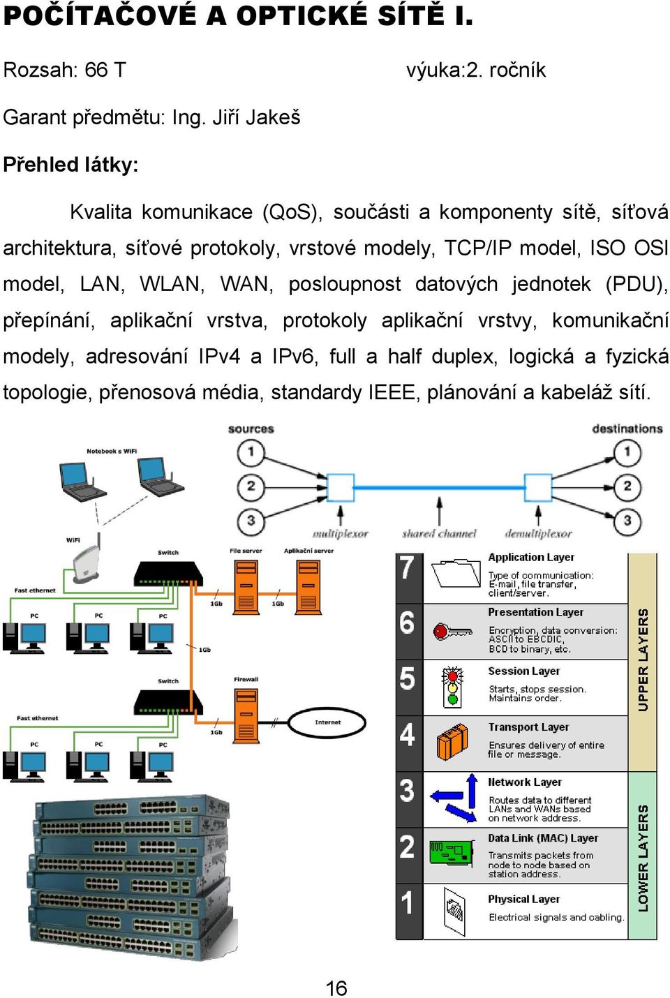 modely, TCP/IP model, ISO OSI model, LAN, WLAN, WAN, posloupnost datových jednotek (PDU), přepínání, aplikační vrstva,