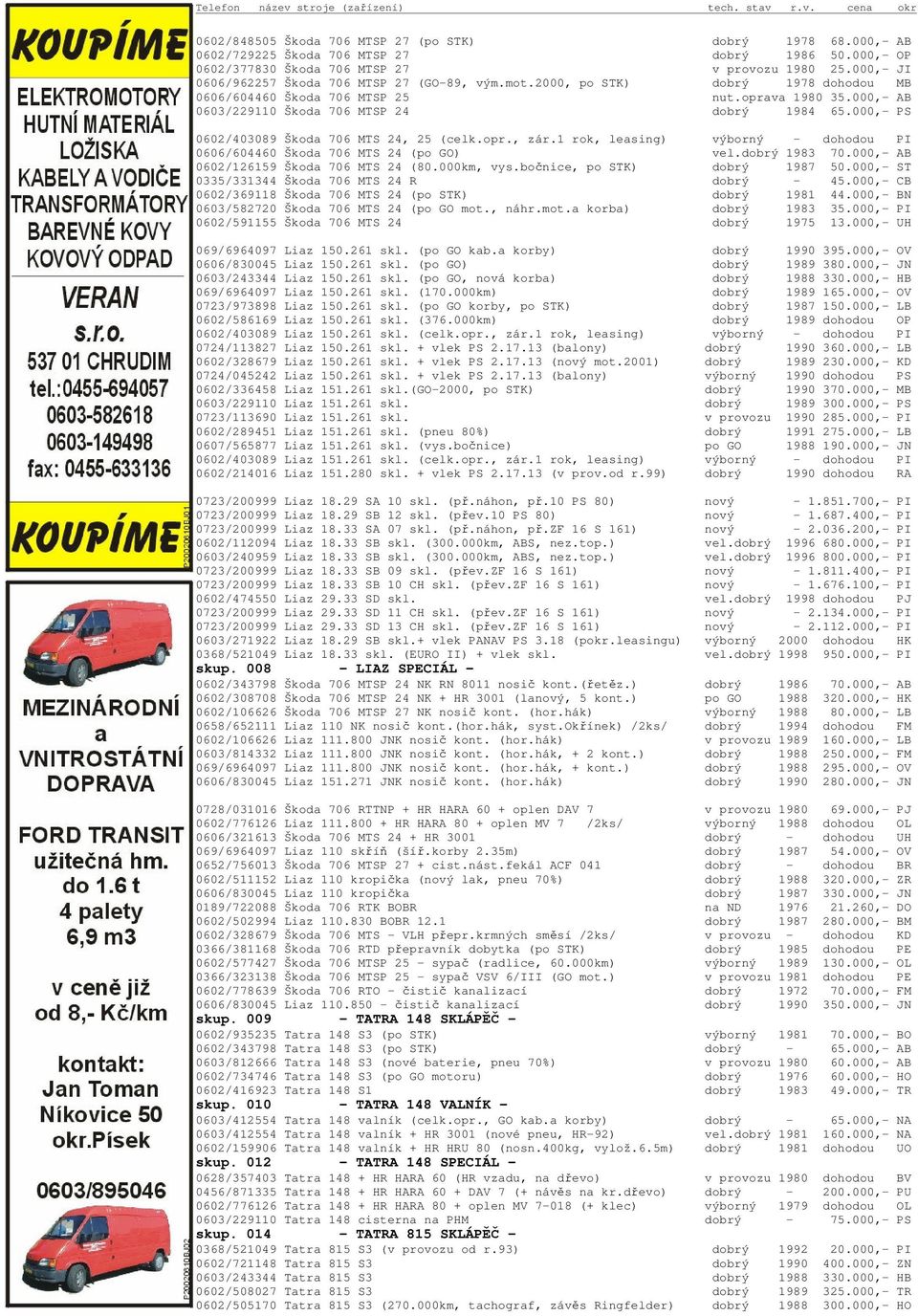 000,- PS 0602/403089 Škoda 706 MTS 24, 25 (celk.opr., zár.1 rok, leasing) výborný - dohodou PI 0606/604460 Škoda 706 MTS 24 (po GO) vel.dobrý 1983 70.000,- AB 0602/126159 Škoda 706 MTS 24 (80.