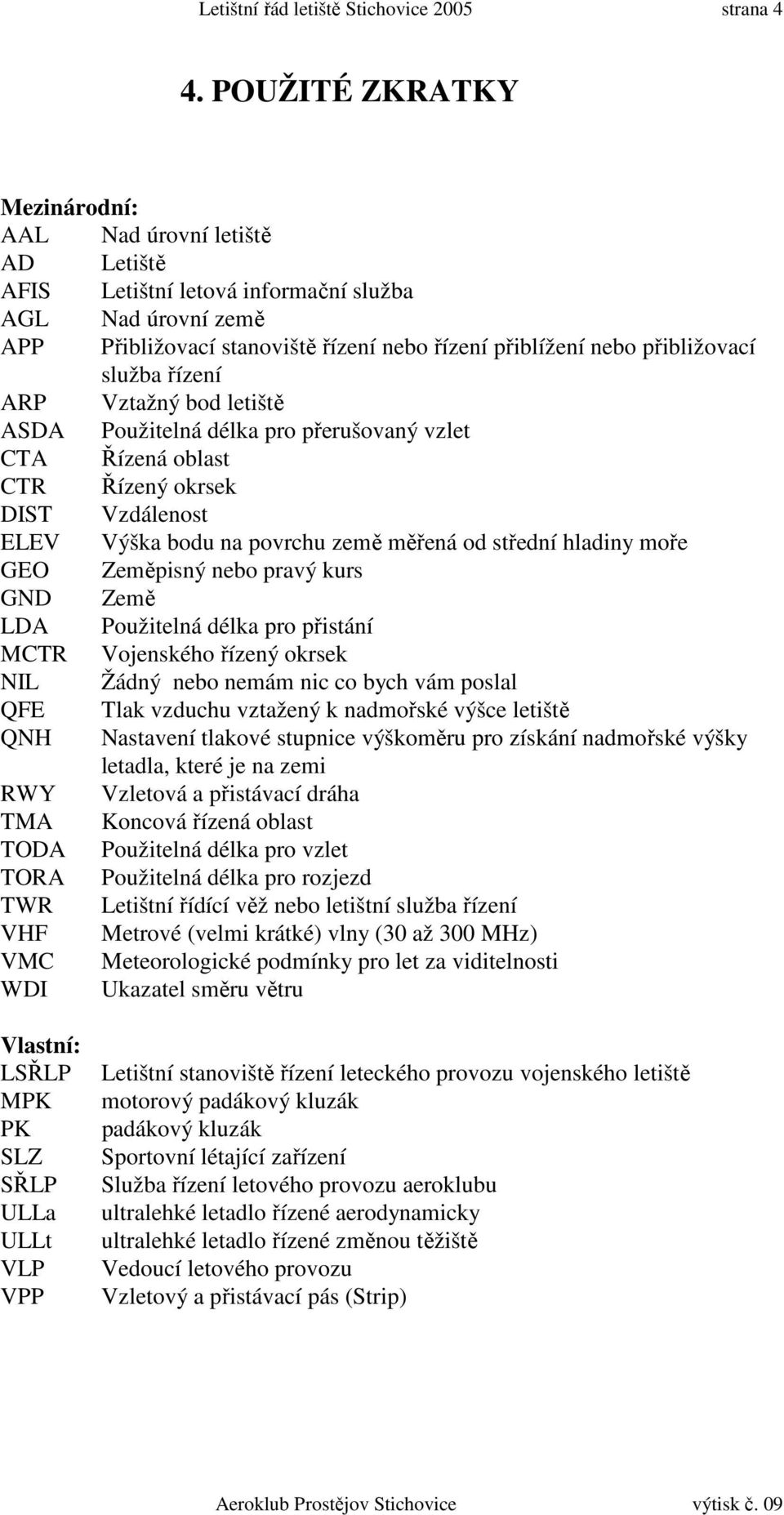 služba řízení ARP Vztažný bod letiště ASDA Použitelná délka pro přerušovaný vzlet CTA Řízená oblast CTR Řízený okrsek DIST Vzdálenost ELEV Výška bodu na povrchu země měřená od střední hladiny moře