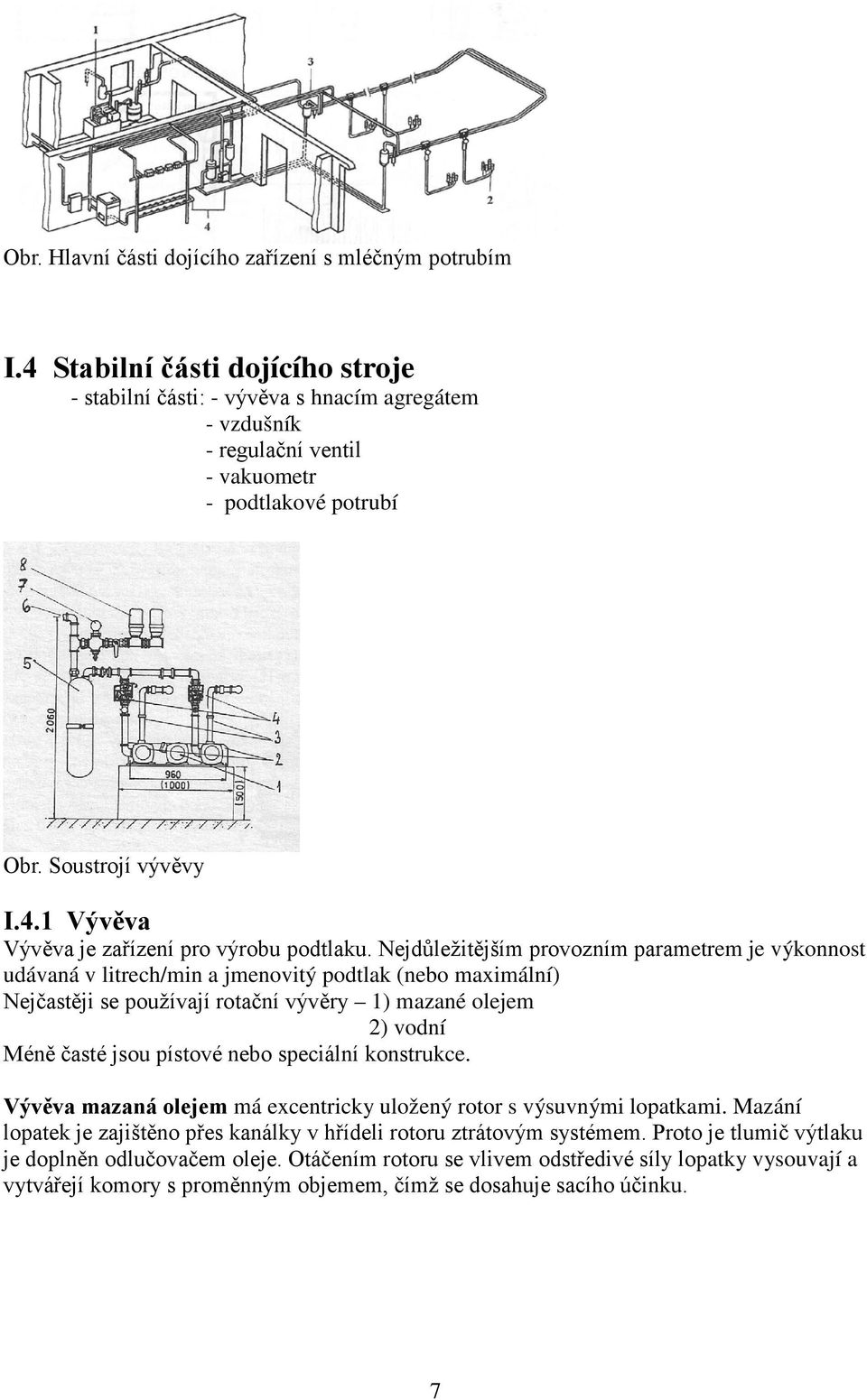 Nejdůležitějším provozním parametrem je výkonnost udávaná v litrech/min a jmenovitý podtlak (nebo maximální) Nejčastěji se používají rotační vývěry 1) mazané olejem 2) vodní Méně časté jsou pístové