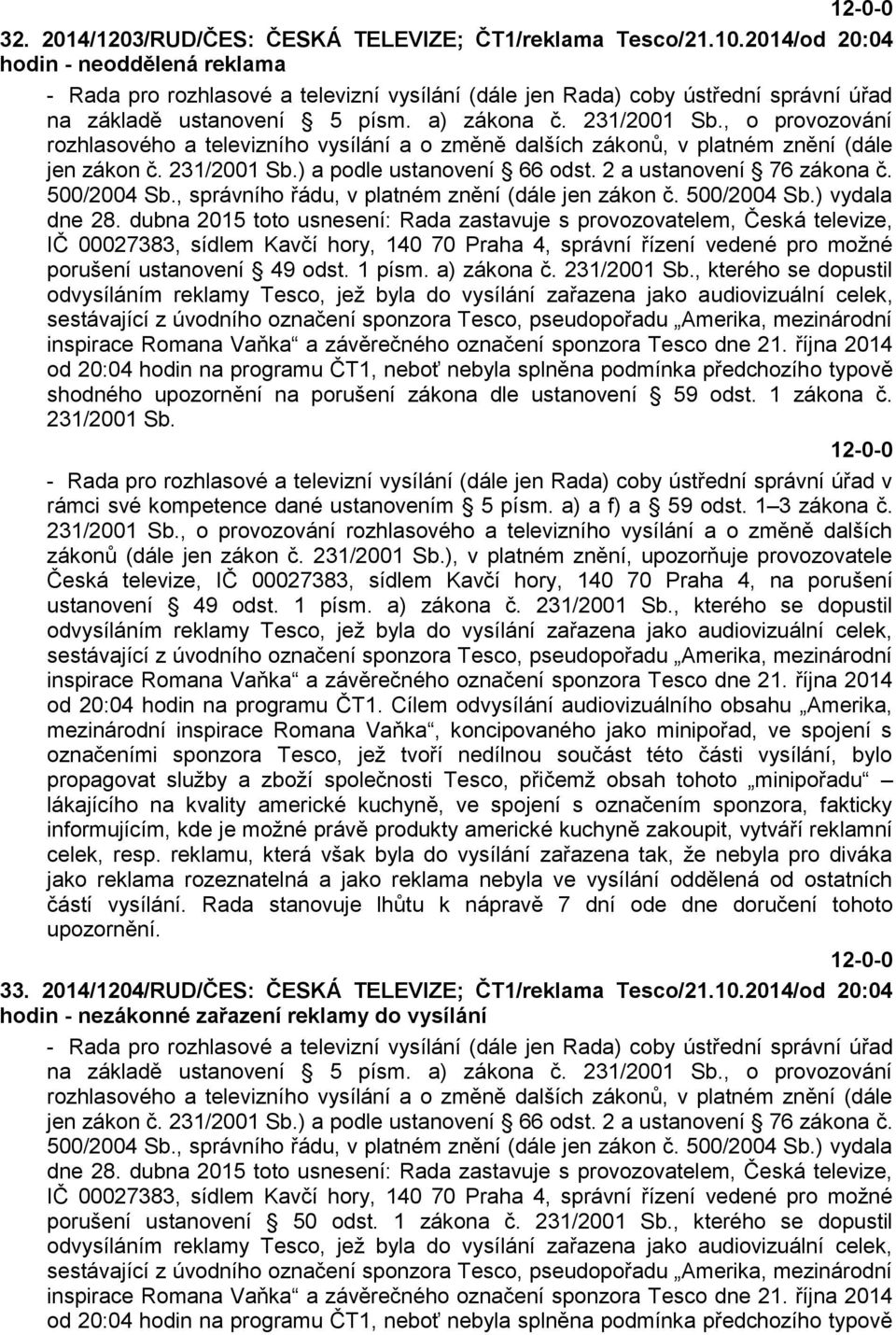 , o provozování rozhlasového a televizního vysílání a o změně dalších zákonů, v platném znění (dále jen zákon č. 231/2001 Sb.) a podle ustanovení 66 odst. 2 a ustanovení 76 zákona č. 500/2004 Sb.