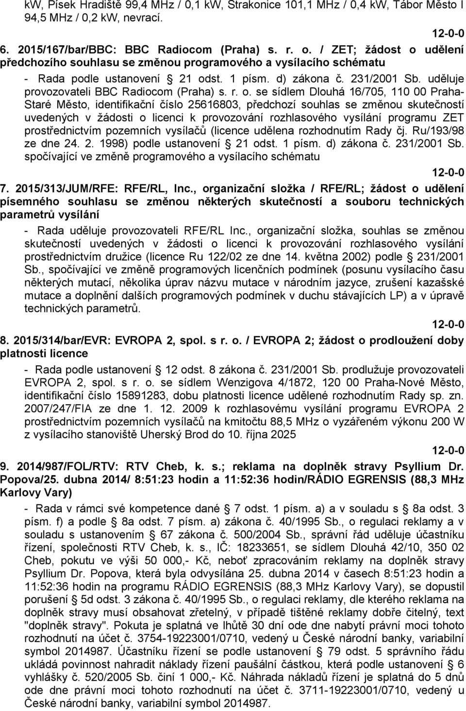 uděluje provozovateli BBC Radiocom (Praha) s. r. o.