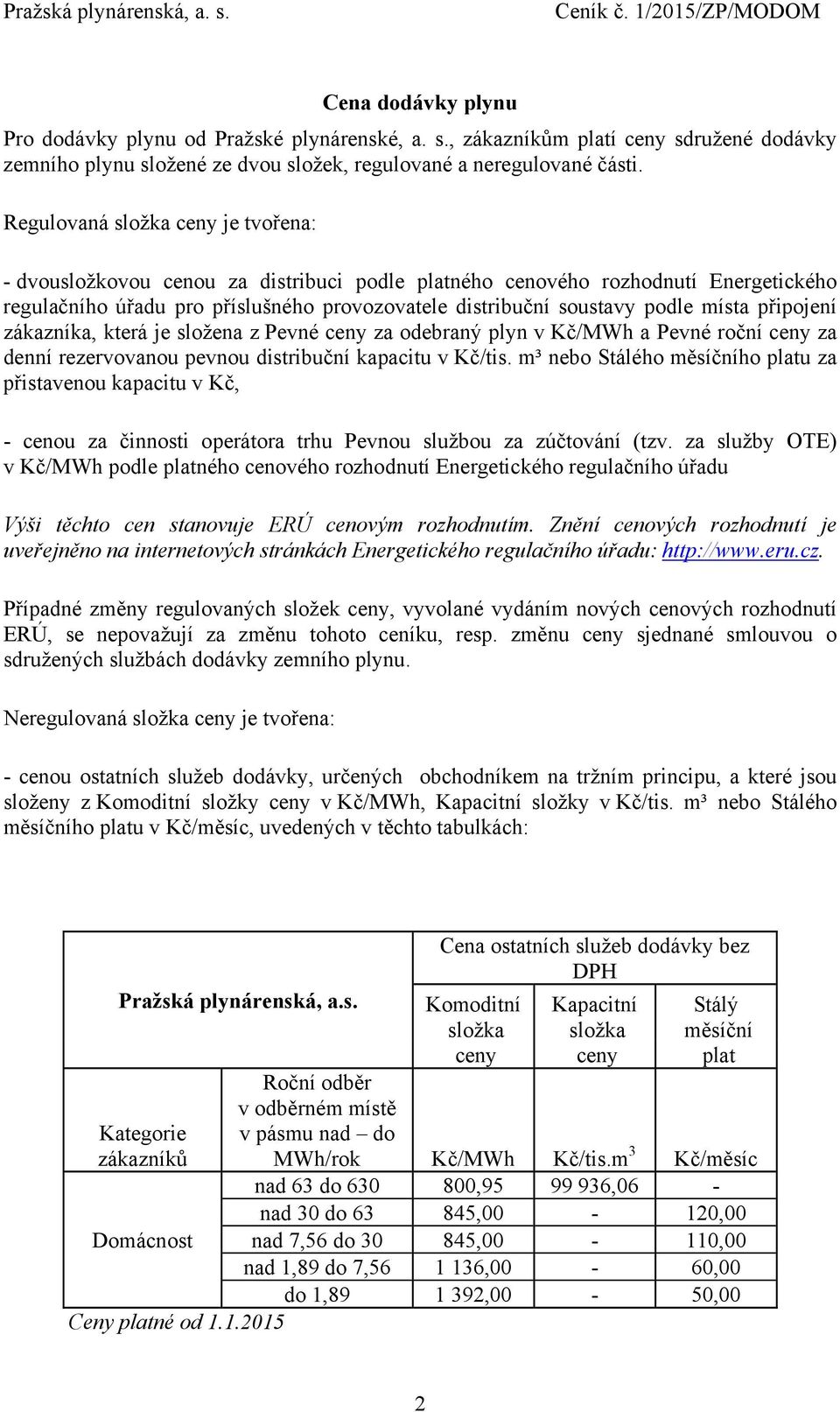 zákazníka, která je složena z Pevné za odebraný plyn v a Pevné roční za denní rezervovanou pevnou distribuční kapacitu v Kč/tis.