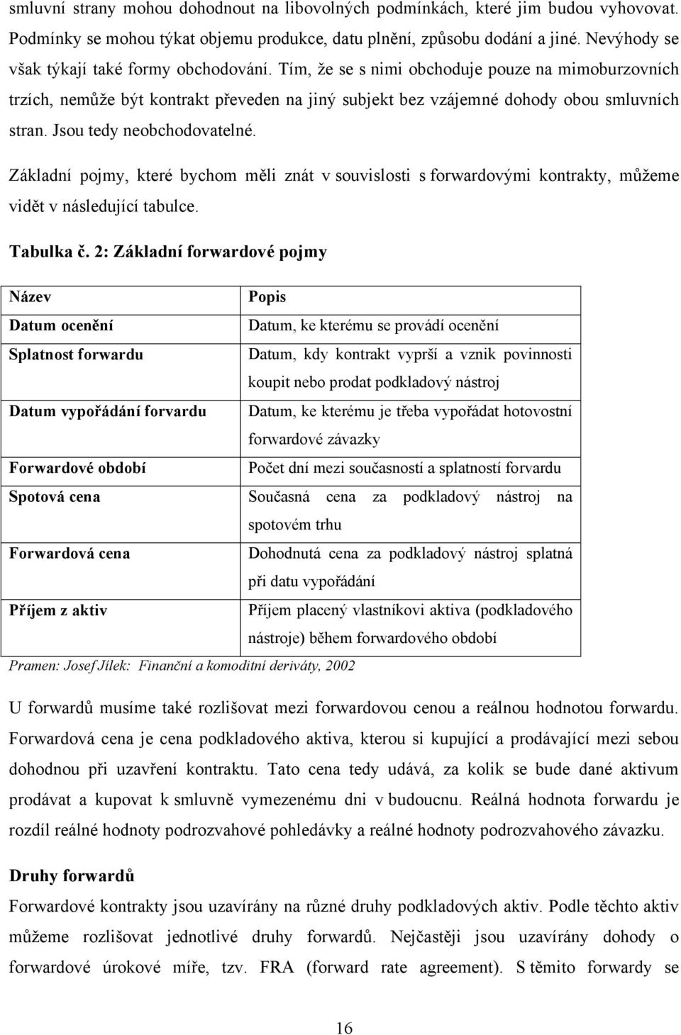 Jsou tedy neobchodovatelné. Základní pojmy, které bychom měli znát v souvislosti s forwardovými kontrakty, můţeme vidět v následující tabulce. Tabulka č.