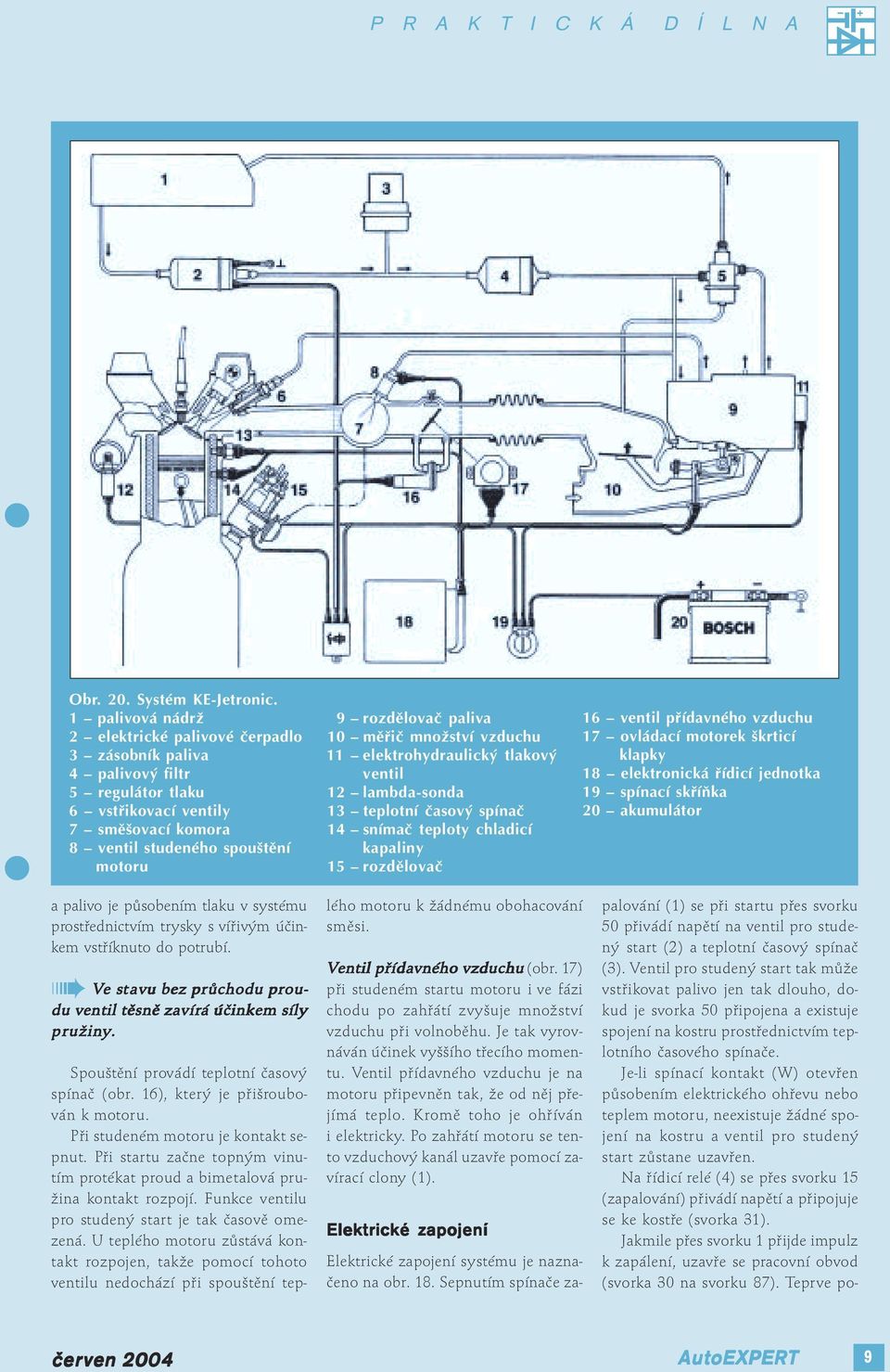 měřič množství vzduchu 11 elektrohydraulický tlakový ventil 12 lambda sonda 13 teplotní časový spínač 14 snímač teploty chladicí kapaliny 15 rozdělovač 16 ventil přídavného vzduchu 17 ovládací