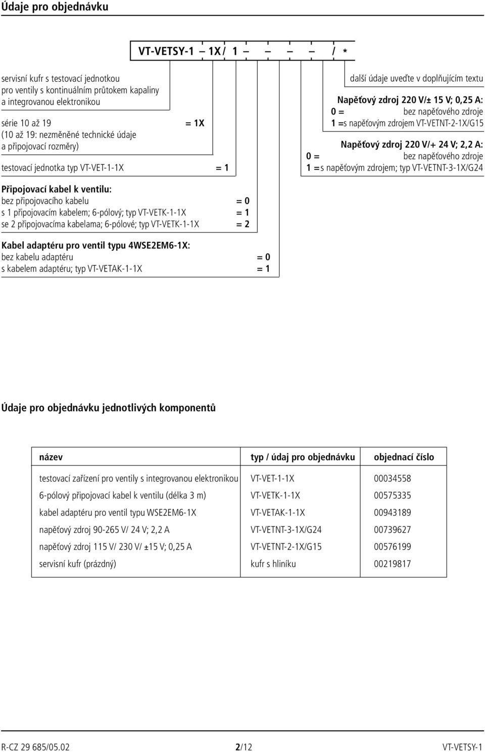 VT-VETNT-2-1X/G15 Napěťový zdroj 220 V/; 2,2 A: 0 = bez napěťového zdroje 1 =s napěťovým zdrojem; typ VT-VETNT-3-1X/G24 Připojovací kabel k ventilu: bez připojovacího kabelu = 0 s 1 připojovacím