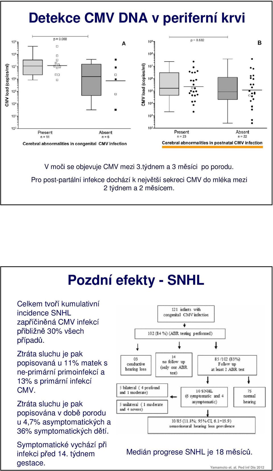 Pozdní efekty - SNHL Celkem tvoří kumulativní incidence SNHL zapříčiněná CMV infekcí přibližně 30% všech případů.