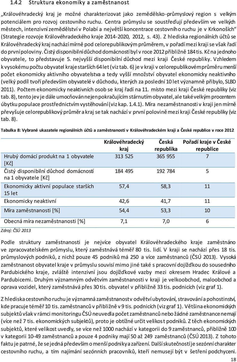 2014-2020, 2012, s. 43). Z hlediska regionálních účtů se Královéhradecký kraj nachází mírně pod celorepublikovým průměrem, v pořadí mezi kraji se však řadí do první poloviny.