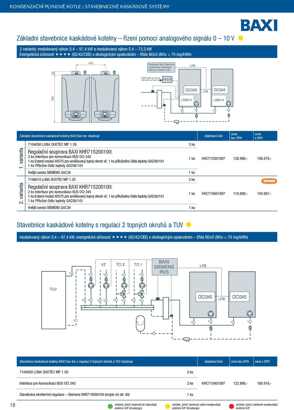 Základní stavebnice kaskádové kotelny BAXI Duo-tec obsahuje 1. varianta 2. varianta 7145 LUNA DUOTEC MP 1.