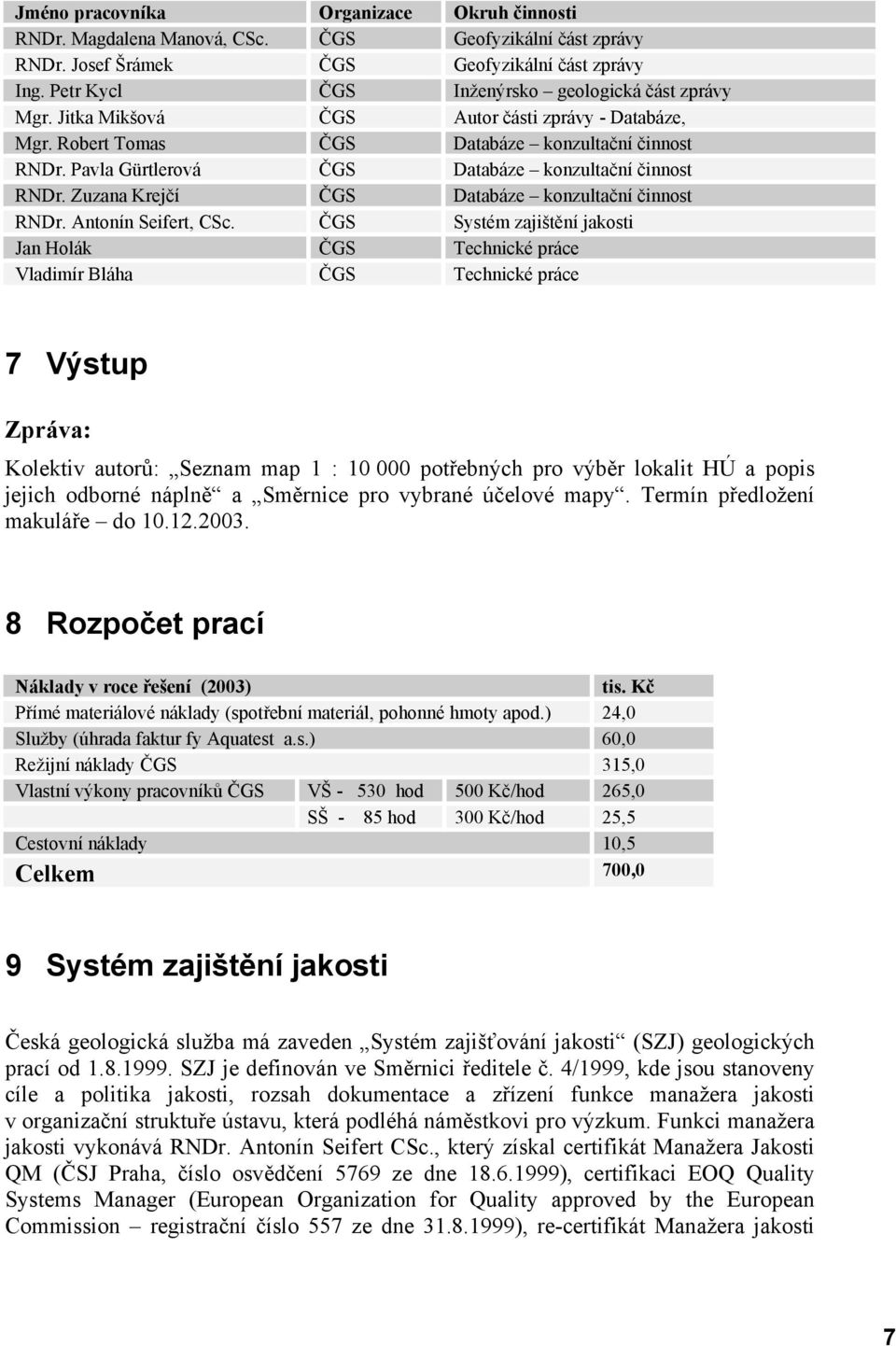 Pavla Gürtlerová ČGS Databáze konzultační činnost RNDr. Zuzana Krejčí ČGS Databáze konzultační činnost RNDr. Antonín Seifert, CSc.