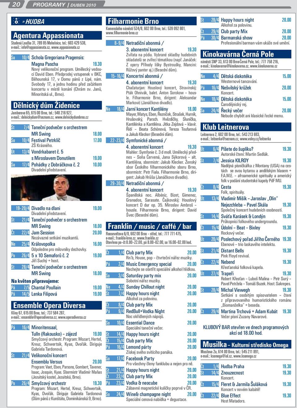 Janů, Minoritská ul., Brno). Dělnický dům Židenice Jamborova 65, 615 00 Brno, tel.: 548 216 927, e-mail.: delnickydum@seznam.cz, www.delnickydumbrno.