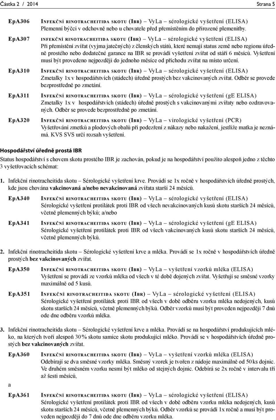 INFEKČNÍ RINOTRACHEITIDA SKOTU (IBR) VyLa sérologické vyšetření (ELISA) Při přemístění zvířat (vyjma jatečných) z členských států, které nemají status země nebo regionu úředně prostého nebo dodatečné