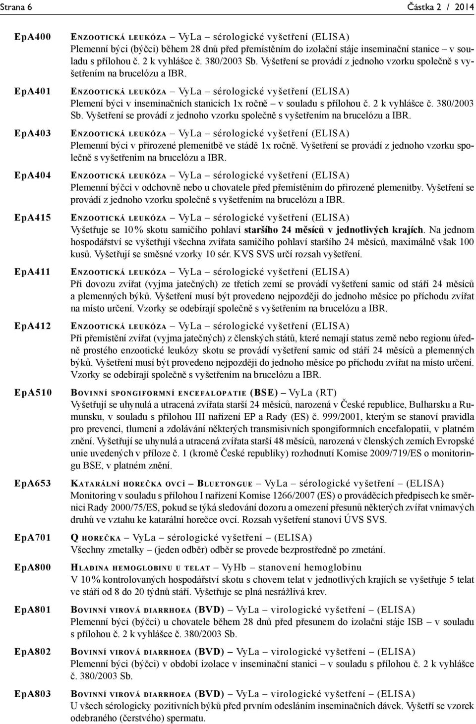 ENZOOTICKÁ LEUKÓZA VyLa sérologické vyšetření (ELISA) Plemení býci v inseminačních stanicích 1x ročně v souladu s přílohou č. 2 k vyhlášce č. 380/2003 Sb.